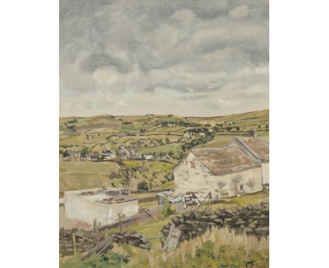 R. MANN A.T.D, N.D.D., D.A. (Manc)  OIL PAINTING ON CANVAS 'View of Village of Trawden, Nr Colne' Signed and dated 19) 71, lo