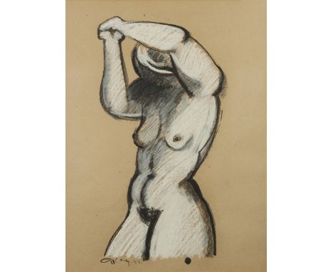 •GEOFFREY KEY (b.1941)  MIXED MEDIA ON BUFF PAPER  'Naked female figure with arms raised'  Signed and dated (19) 77, lower le