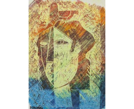 PETER STANAWAY  MIXED MEDIA  Woman and bird Signed lower left  9 1/2 x 6 3/4" (24cm x 17cm) 