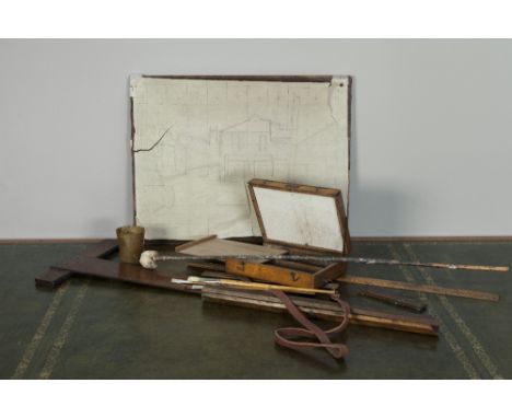 HARRY RUTHERFORD'S ARTISTS WOODEN BOX FORM PORTABLE PALETTE labeled Merlin-Denis, Paris; together with three paint brushes; a