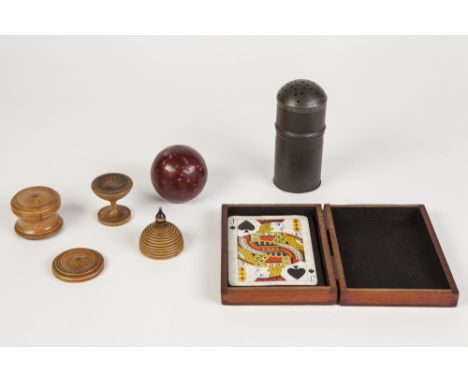 MAGICIANS PROPS VIZ A PEWTER SHAKER with false top and a HOLLOW METAL BALL containing red fabric piece and pack of INTERNATIO