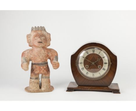 MODERN SOUTH AMERICAN MOULDED TERRACOTTA ETHNIC FIGURE, 12" (30.5cm) high, together with an 'ANDREW' ART DECO MANTLE CLOCK in