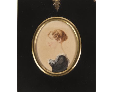 19TH CENTURY WATERCOLOUR SILHOUETTE PORTRAIT MINIATURE OF A YOUNG LADY hair with bun 3" (7.6 cm) high in black papier mache a