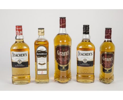 TWO 70cl BOTTLES OF TEACHERS HIGHLAND CREAM BLENDED SCOTCH WHISKY 40% vol, a 70cl BOTTLE BUSHMILLS BLENDED IRISH WHISKY 40% v