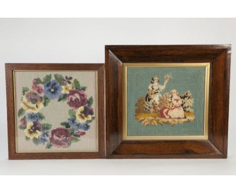 NINETEENTH CENTURY PICTORIAL WOOLWORK TAPESTRY, depicting two female figures in a garden setting, 10" x 11 1/2" in contempora
