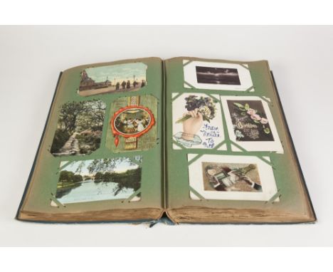 GOOD EARLY 20TH CENTURY ALBUM OF MIXED POSTCARDS to include real photograph, actresses, greetings, topographical and architec
