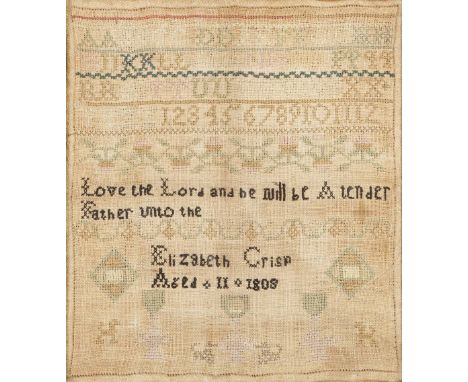SMALL EARLY 19TH CENTURY NEEDLEWORK SAMPLER mainly alphabetical and numerical "Elizabeth Crisp aged 11-1808", 8 1/2" x 7 1/2"