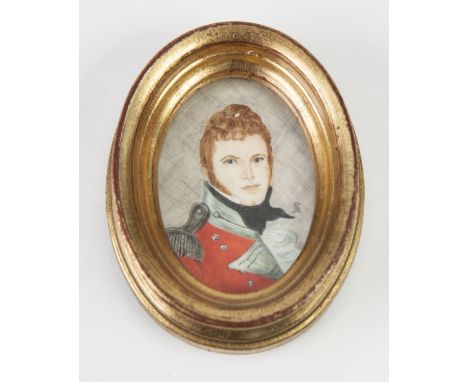 UNATTRIBUTED  WATERCOLOUR  OVAL PORTRAIT MINIATURE  of a gentleman in dress uniform  2 1/2" x 1 3/4" (6.5cm x 4.5cm)  and a C