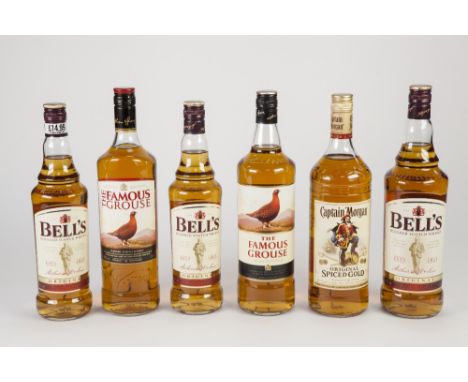 TWO 70cl BOTTLES OF BELLS BLENDED SCOTCH WHISKY, ditto 1 LITRE BOTTLE, TWO ONE LITRE BOTTLES of the Famous Grouse blended Sco