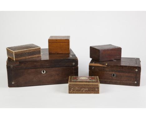 TWO VICTORIAN ROSEWOOD AND MOTHER OF PEARL INLAID PORTABLE WRITING SLOPES, both a/f, together with a SATNWOOD TABLE CIGARETTE