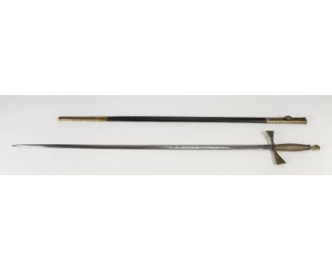 20th CENTURY MASONIC KNIGHTS TEMPLAR CEREMONIAL CLASS SWORD with brass hilt and etched steel blade, in brass mounted leather 