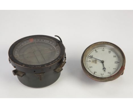 MILITARY TYPE BLACK ENAMELLED GIMBAL COMPASS part liquid filled and marked type P8M No 146504 4 1/2" dia and a SMITHS SPRING 