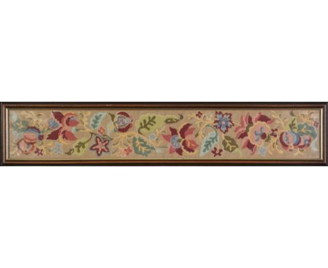 FLEMISH STYLE MACHINE WOVEN TAPESTRY WALL HANGING depicting medieval couple with dog in a garden setting, 53" (134.6 cm) x 32