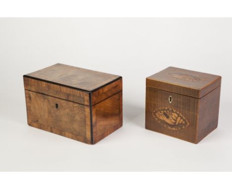 19TH CROSSBANDED BURR WALNUT WOOD TWO DIVISION TEA CADDY with ebony edging and two square lids to foil lined interior 7" (17.
