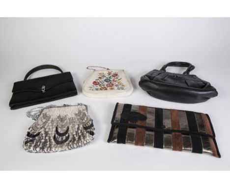 G. GHERADINI, FLORENCE, LADY'S BLACK SILK EVENING BAG; SPULCIONI, FLORENCE SOFT BROWN LEATHER HANDBAg, TWO-TONE BROWN AND GIL
