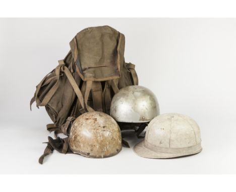 SELECTION OF MID 20TH CENTURY MOTORCYCLE RIDERS HABIT viz 'Everoak' white stitched leather and cork hard hat with peak and ea
