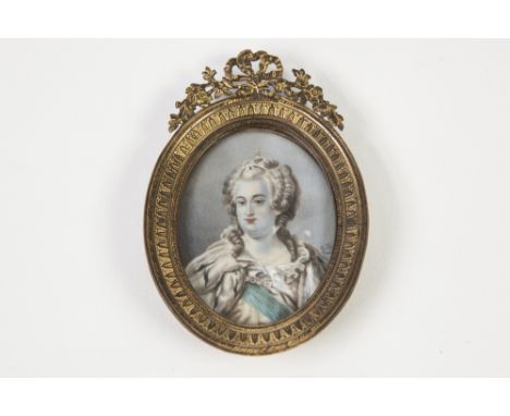 M.J. NAISBY  OVAL PORTRAIT MINIATURE ON IVORY Lady in Seventeenth Century atttire  and blue sash in gilt metal oval frame wit