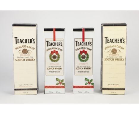 FOUR BOXED BOTTLES OF TEACHER'S HIGHLAND CREAM SCOTCH WHISKY viz two one litre bottles 40 and 43% vol a 75cl bottle and one o