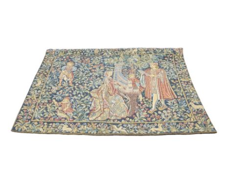 A MODERN WALL TAPESTRY BY HINES OF OXFORD, depicting a medieval scene 'The Lady at the Harpsiechord' part of the Mille Fleurs