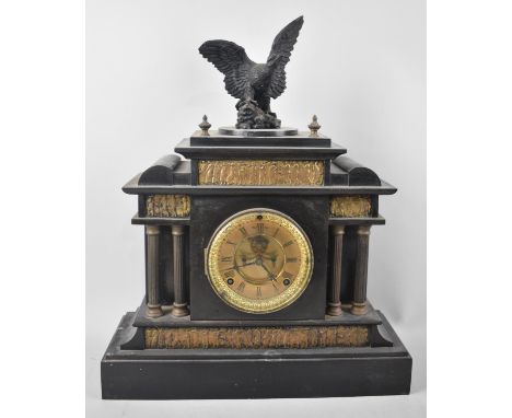 A Late Victorian/Edwardian American Black Slate and Gilt Mantel Clock of Architectural Form with Eagle Finial Having Wings Ou