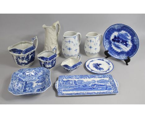 A Collection of Various Blue and White to Comprise Jugs, Spode Italian, Relief Edward Walley Cobridge Jug etc