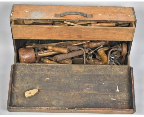 A Vintage Carpenters Tool Box with Fall Front, Single Long Drawer and Collection of Various Tools, 64cms Wide 