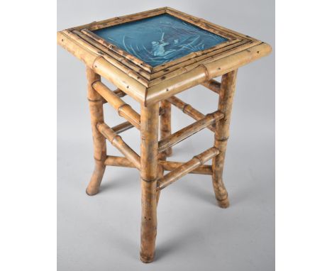 A Vintage Square Topped Bamboo Occasional Table with Inset Tile Depicting Duck Shooting From Punt, Tile Has been Glued and Re