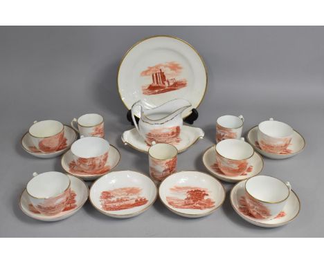 A Late 19th Century Part Porcelain Tea Set Decorated in Iron Red Transfer with Rural English Scenes to Comprise Six Cups, Eig