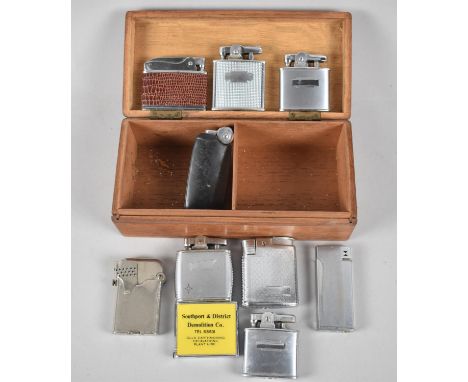 A Collection of Various Vintage Pocket Cigarette Lighters in Wooden Cigarette Box, (We Are Unable to Post This Lot) 