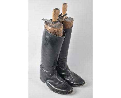 A Pair of Vintage Gents Leather Riding Boots with Wooden Trees 