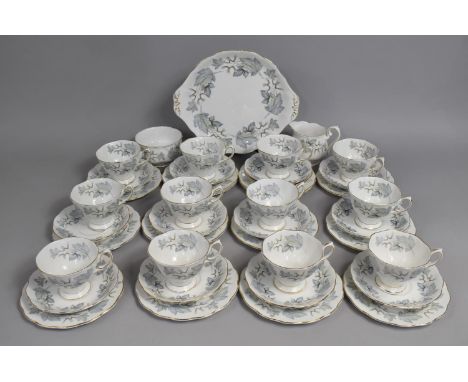 A Royal Albert Silver Maple Pattern Tea Set to Comprise Cake Plate, Fourteen Side Plates, Thirteen Saucers, Twelve Cups, Milk