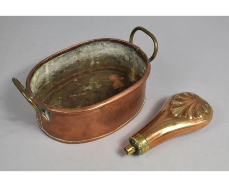 A Late 19th/Early 20th Century Copper Oval Cooking Pan with Brass Handles together with a Late 19th century Copper Powder Fla