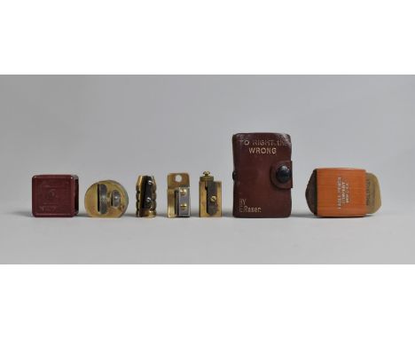 A Collection of Various Vintage Brass and Bakelite Pencil Sharpeners, Leather Cased Rubber and American Eraser 