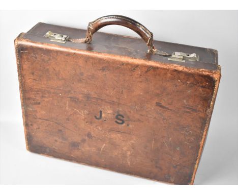 A Vintage Leather Attaché Case with Fitted Interior and Monogrammed J.S. to Front, 41cms Wide 
