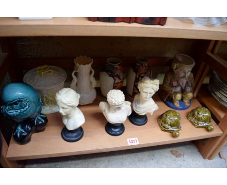 A mixed lot, to include: a character jug; a pair of Japanese vases; two Belleek items; a pair of Carltonware novelty pepperet