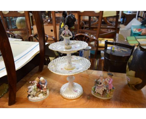 A pair of Meissen figure groups, emblematic of summer and winter, 15.5cm high, (s.d.); together with a composite Meissen figu