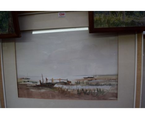 M Button, beach scene, signed, oil on board, 24 x 34cm; together with two further watercolours; and a Cash's silk of two tits