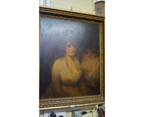 After Henry Raeburn, half length portrait of Mrs H W Lauzun, unsigned, oil on canvas, 75 x 62cm.