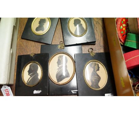 Six 19th century portrait miniature silhouettes, two with gilt detail.