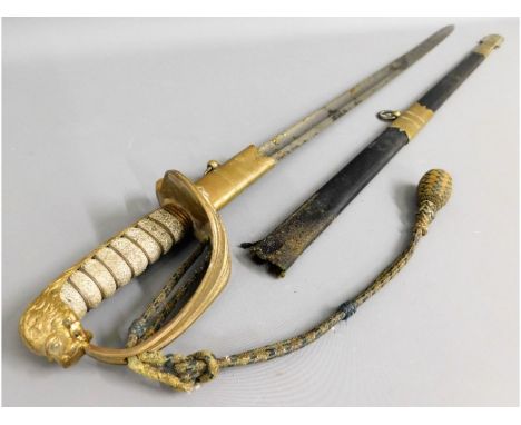 An antique naval officers sword, scabbard a/f, 41in long