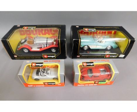 Two boxed larger scale 1:24 Burago diecast vehicle models 1509 &amp; 1524 twinned with two smaller