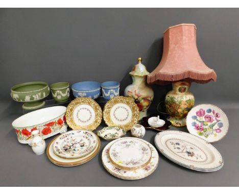 A pair of antique gilded Hammersley cabinet plates, a signed porcelain vase &amp; lamp, Wedgwood jasperware &amp; other china