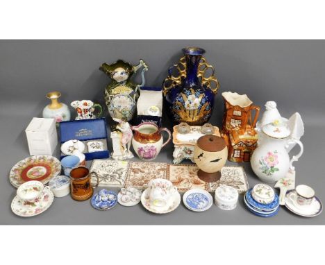 An ostrich egg caddy, a Meissen coffee pot a/f, four antique tiles, Royal Albert cup, a milk glass style egg basket, Wedgwood