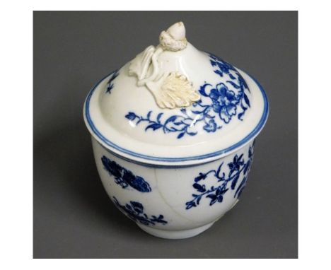An 18thC. hand painted blue &amp; white bowl with oak leaf &amp; acorn decorated cover, possibly by Caughley, crack to side 