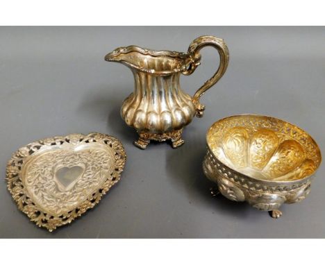 A silver plated creamer, an Asian silver sugar bowl &amp; an Asian silver trinket dish, both tested 149.6g silver weight