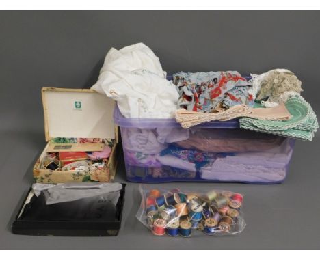 A Jaeger silk style scarf, a quantity of sewing threads &amp; a quantity of mixed linen