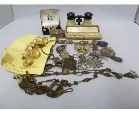 Miscellanea - a box of various items including opera glasses; BMBC brass buttons; mother of pearl buttons, case; enamel cuffl