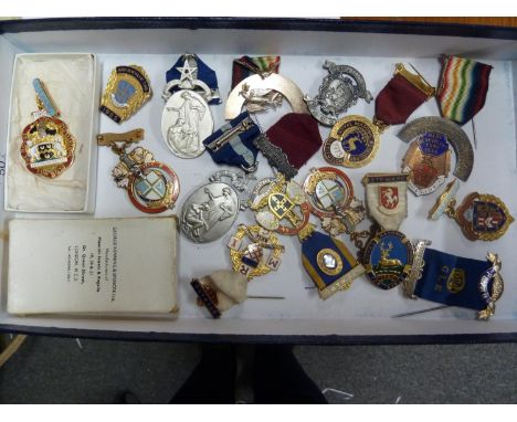 A group of 16 Masonic interest enamel and white metal medallions, including a boxed George Kenning &amp; Spencer Ltd Royal Ma