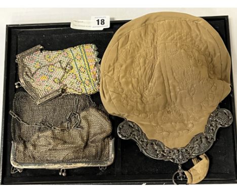 TWO VINTAGE SILVER PURSES WITH VINTAGE WHITE METAL &amp; BEADED PURSE