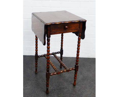 Oak drop leaf side table with a single frieze drawer on bobbin turned legs and supports, 70 x 69cm 